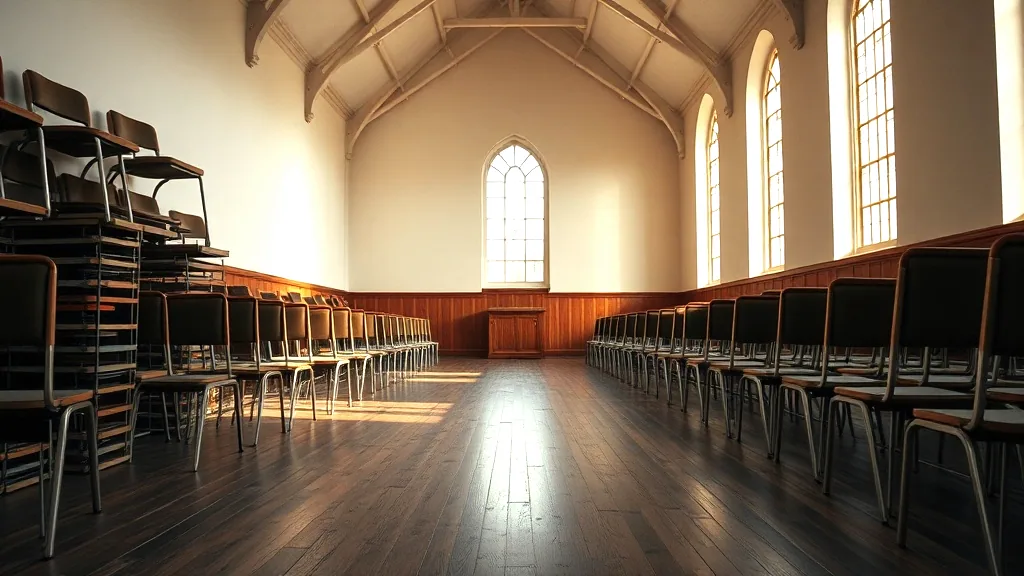 An empty hall with a worn wooden floor, chairs stacked along one wall and tall windows down the other.