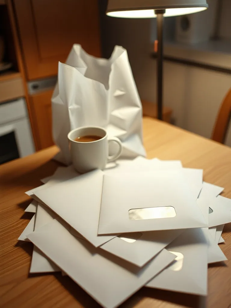 A heap of unopened window envelopes tipped across a kitchen table beside a mug, under a lamp in the evening.
