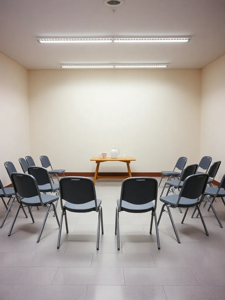 A community room set up before a workshop, folding chairs in a ring on a tiled floor and a trestle table with a jug of water at the front.