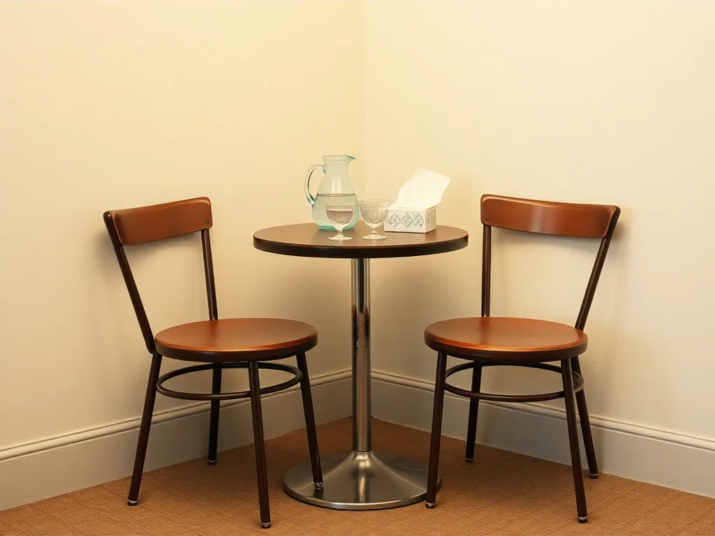 Two chairs pulled up to a small round table in a corner, a jug of water, two glasses and a box of tissues on it.